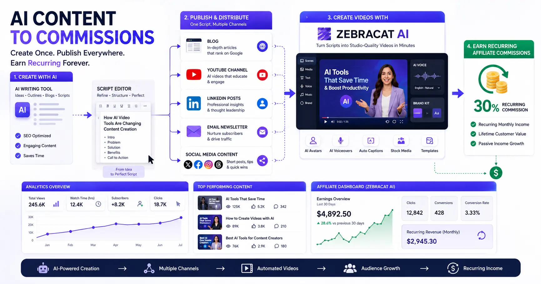 Affiliate marketing workflow using AI writing tools and Zebracat to create videos and earn recurring commissions