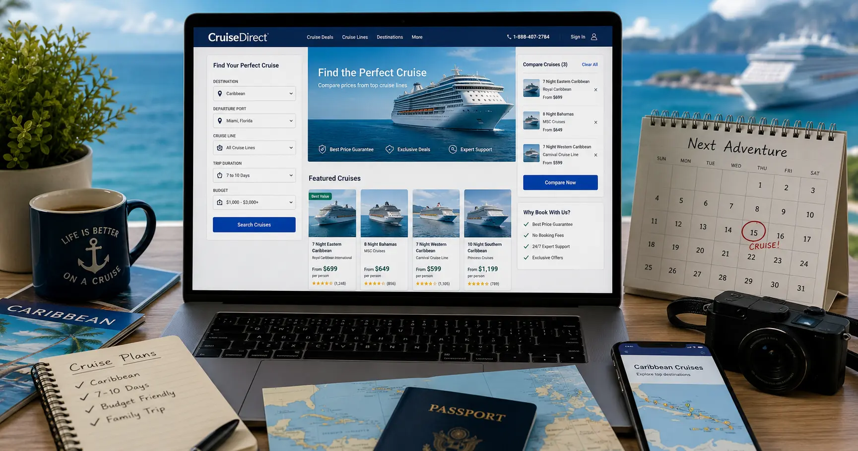 CruiseDirect cruise booking platform with destination search and cruise comparison tools