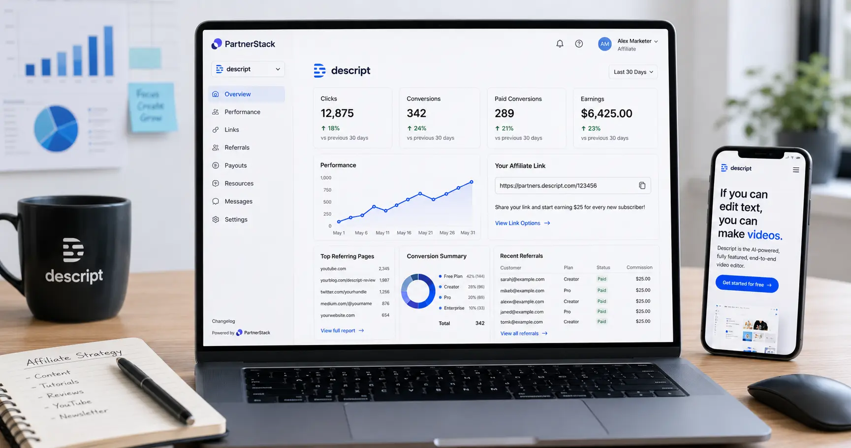 Descript affiliate dashboard in PartnerStack showing referrals and earnings