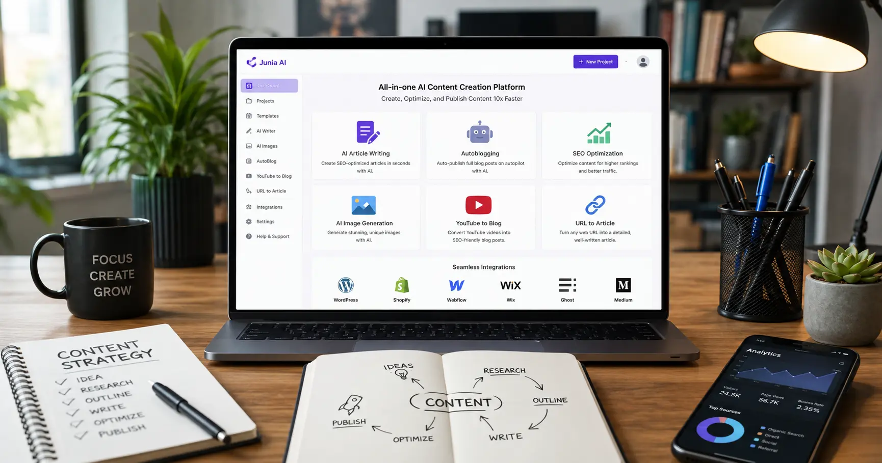 Junia AI content creation platform with AI writing, SEO tools, and publishing integrations