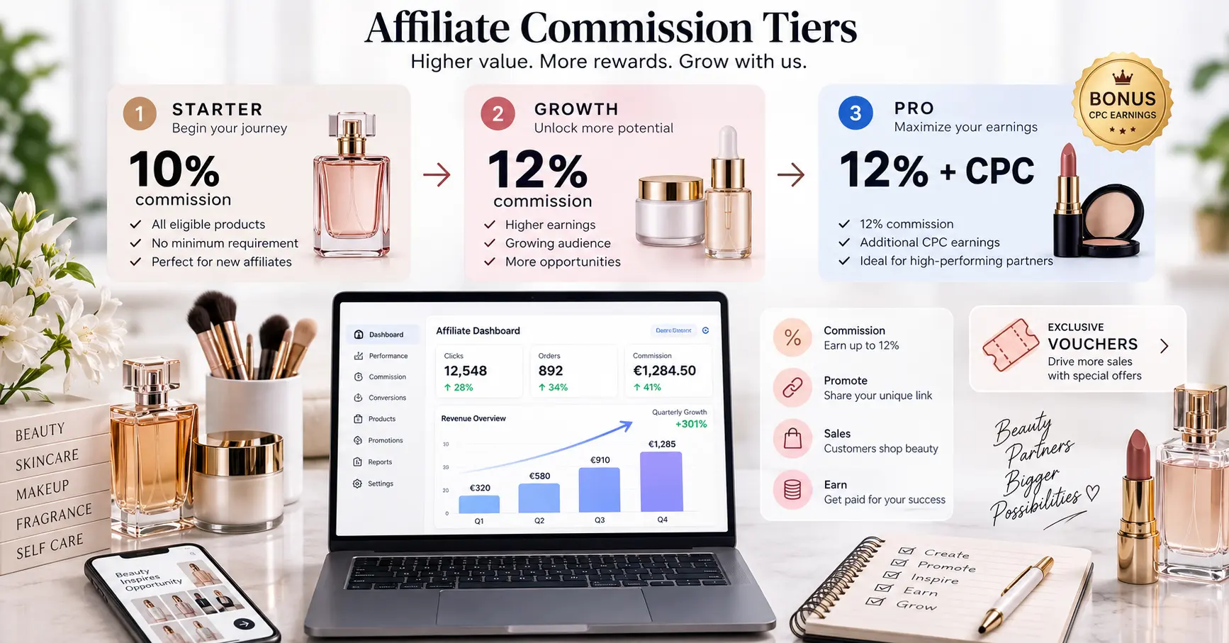 Notino affiliate commission tiers showing 10 and 12 earnings