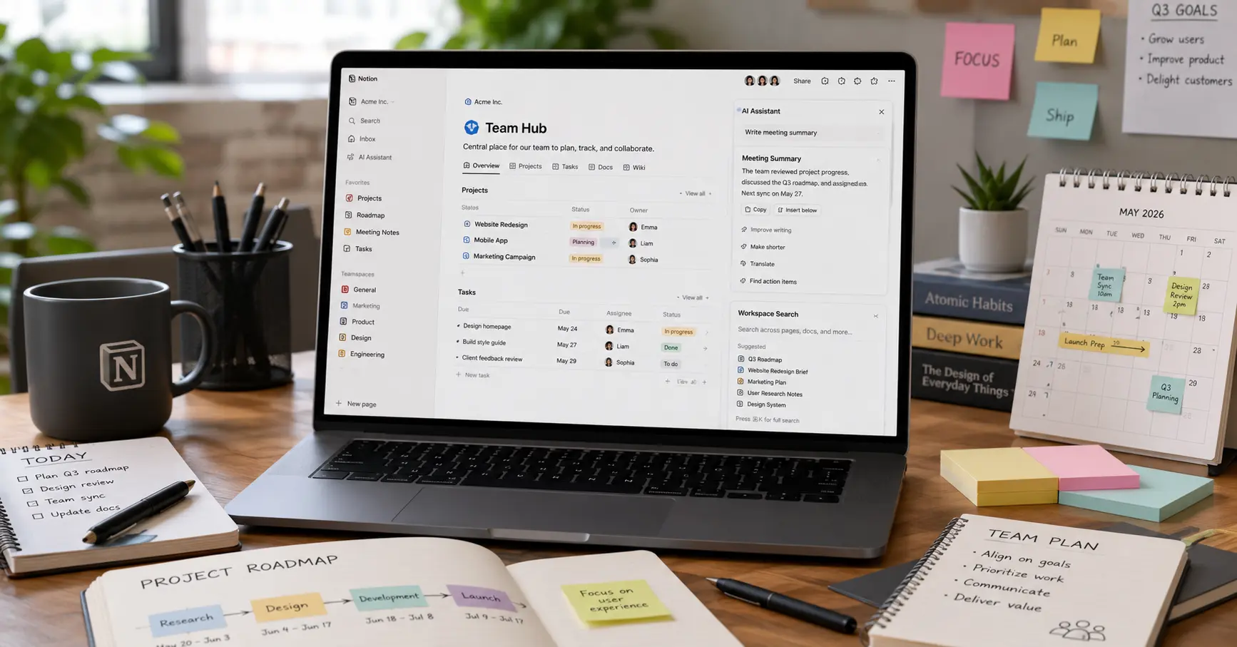 Notion productivity workspace with AI writing, notes and project management features