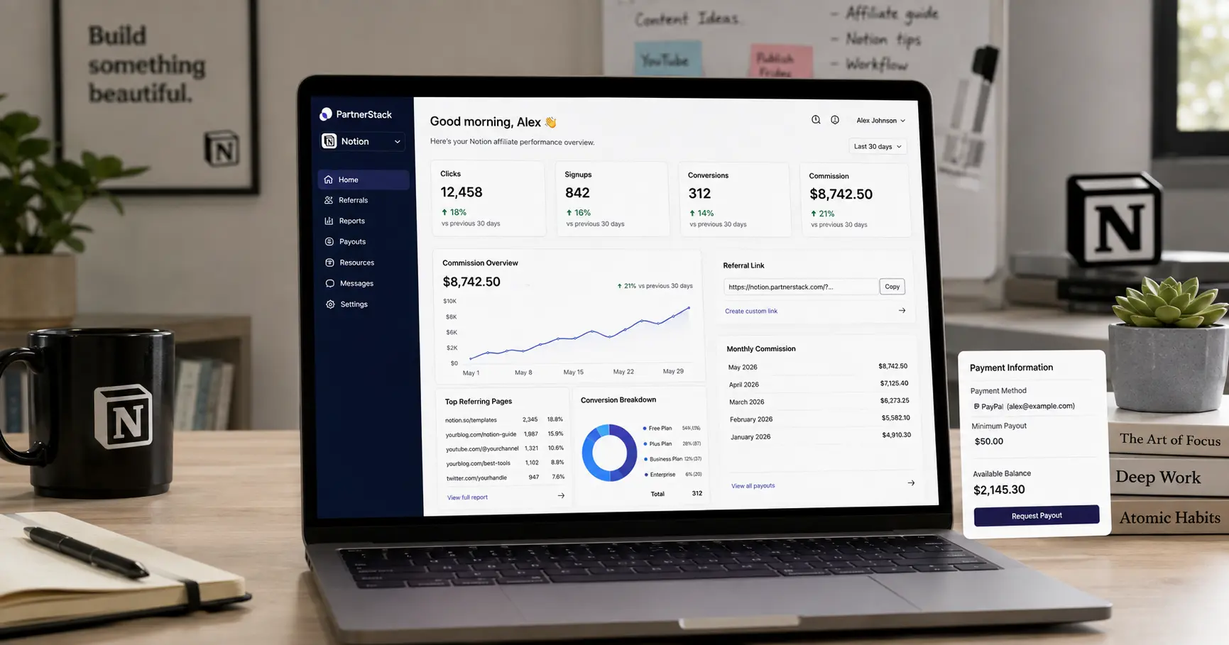 PartnerStack dashboard for Notion affiliate login, referral links and commission tracking