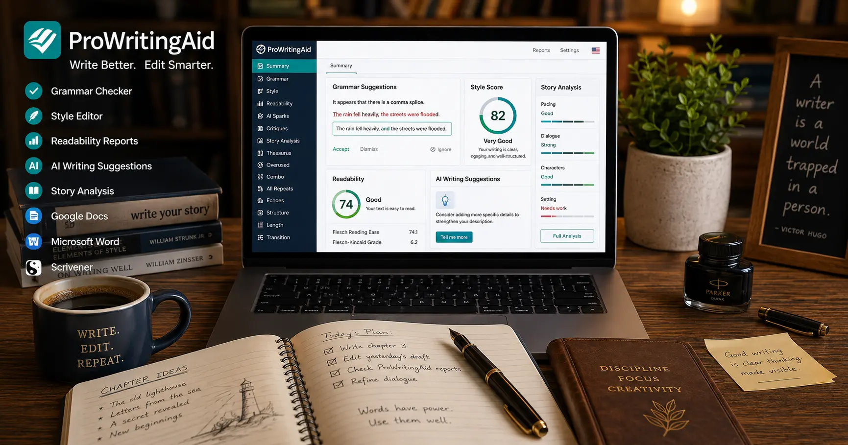 ProWritingAid writing assistant with grammar checking, style editing, and AI writing features