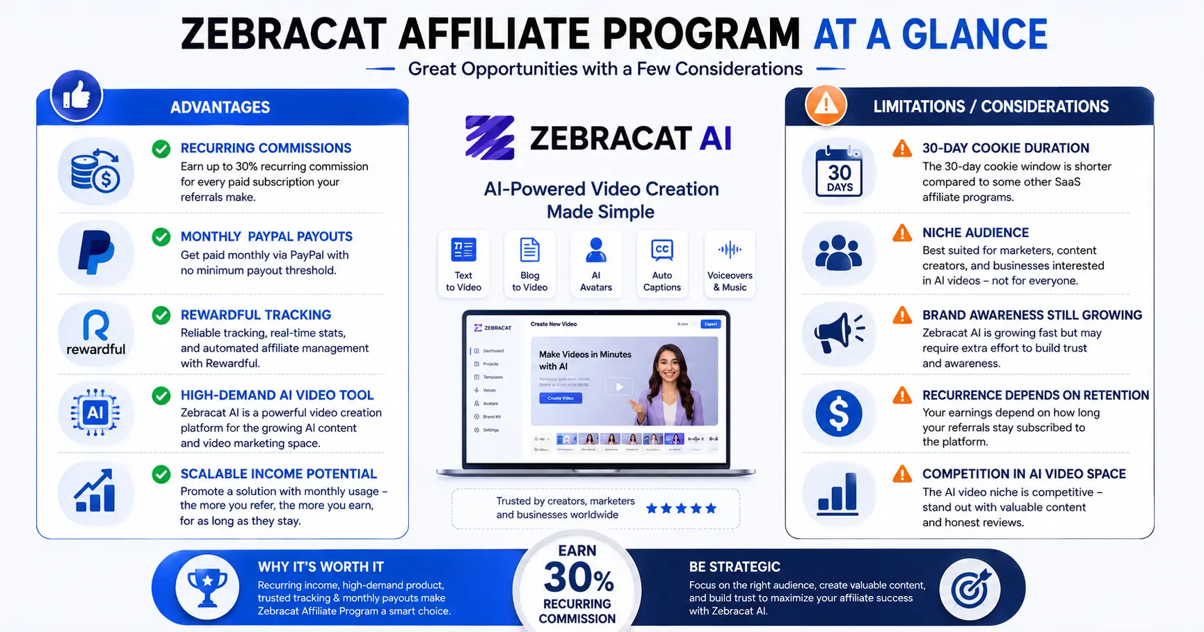 Pros and cons of the Zebracat Affiliate Program with recurring commissions and Rewardful tracking