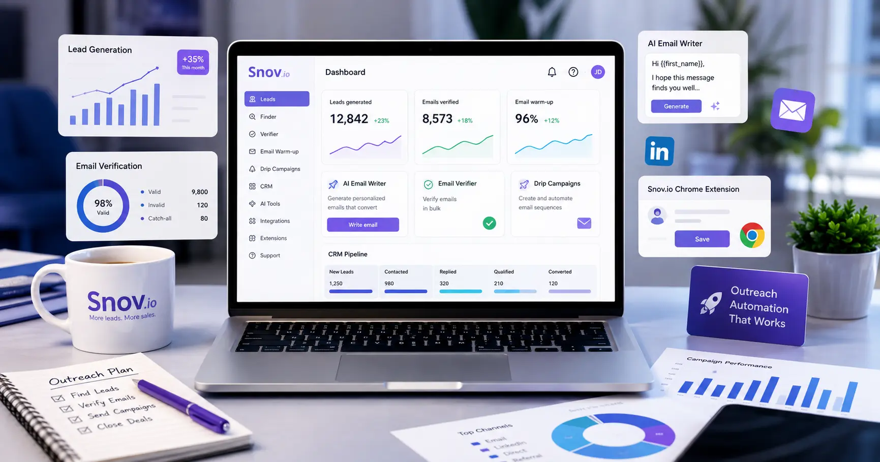 Snov.io sales automation platform showing lead generation, email verification, CRM, and outreach tools