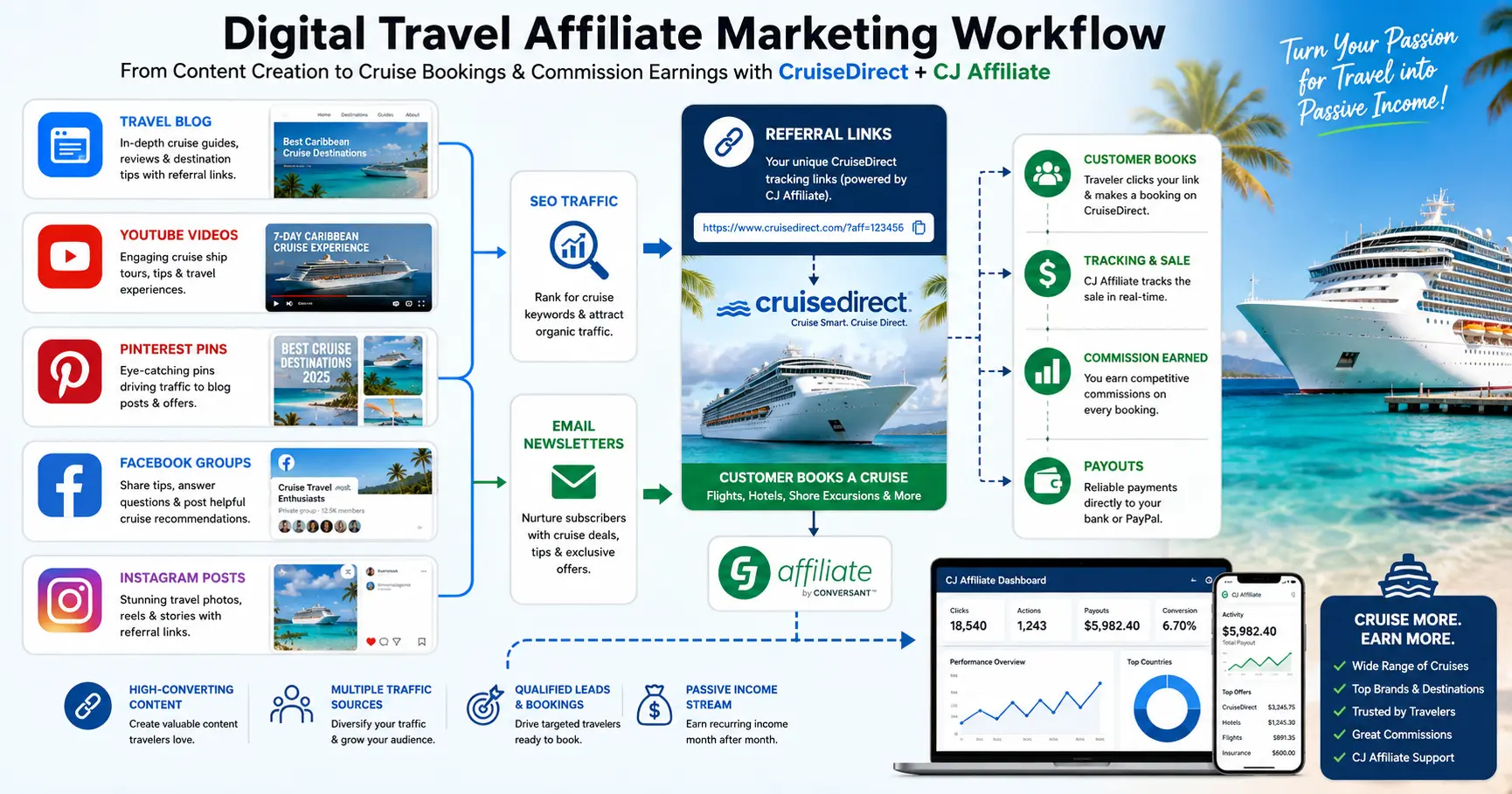 Travel affiliate marketing workflow promoting CruiseDirect through blogs, YouTube, and social media