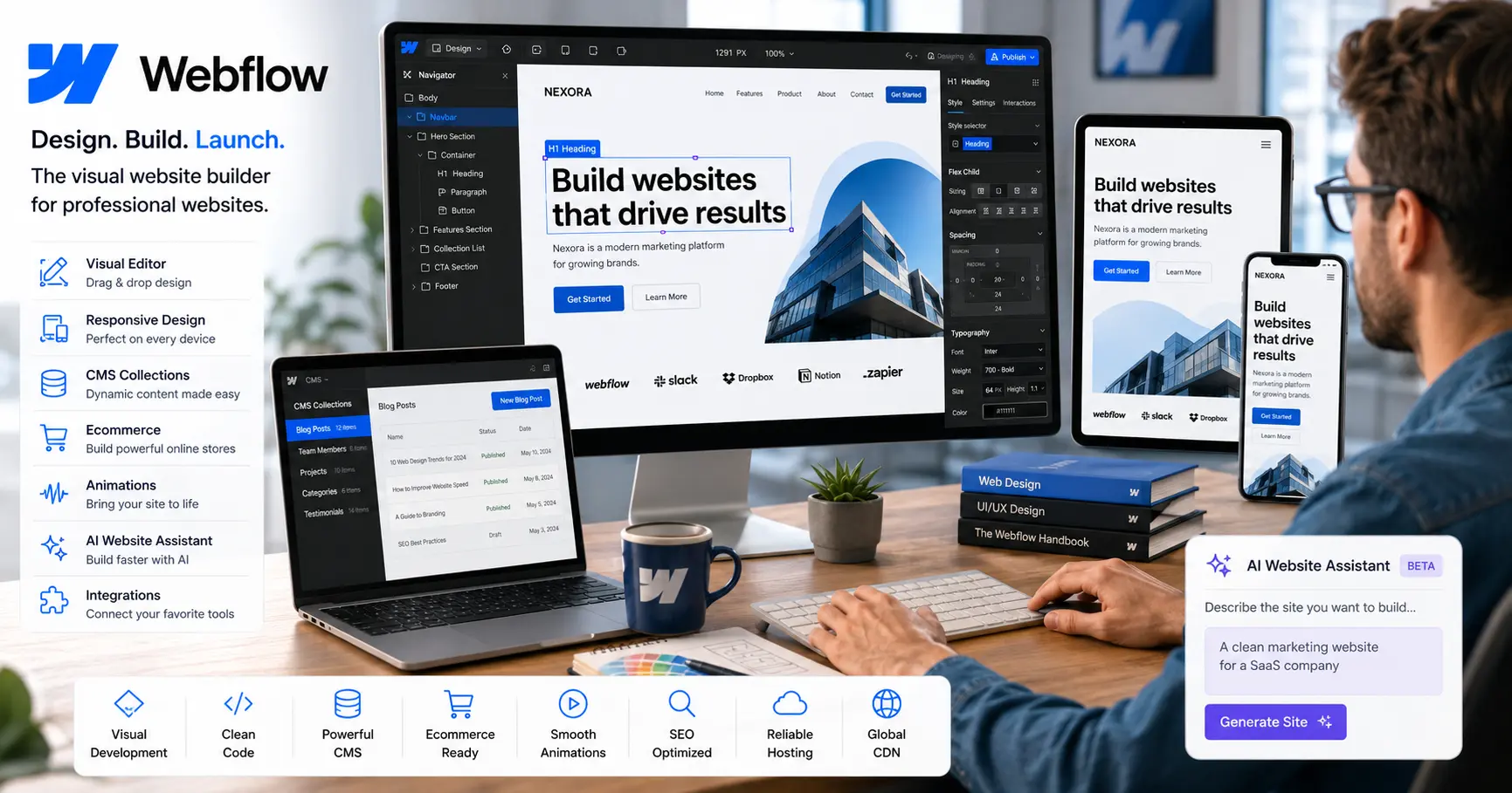 Webflow website builder with responsive web design, CMS, and ecommerce features