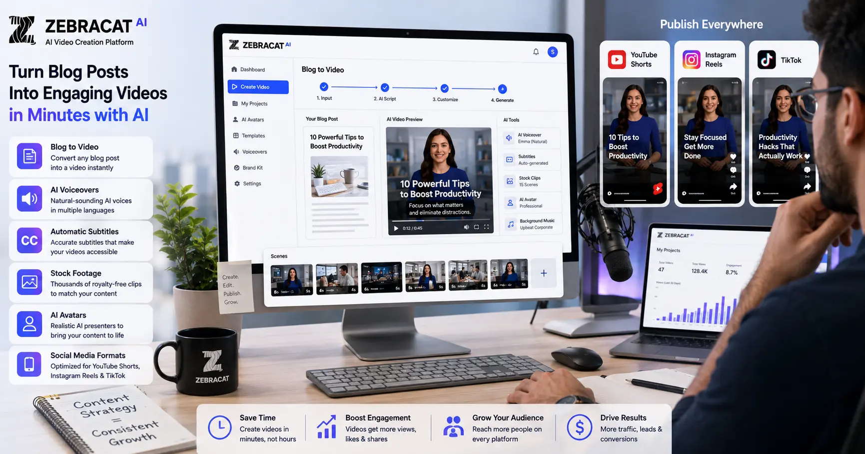 Zebracat AI converting blog content into short marketing videos with AI voiceovers
