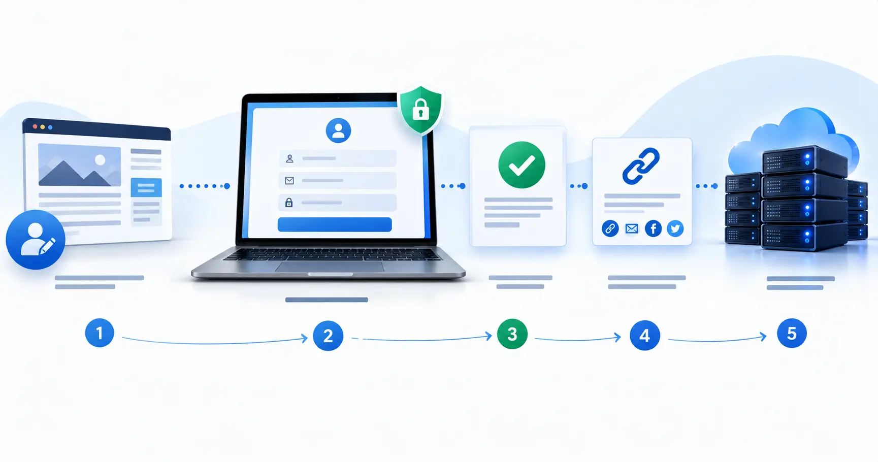 Conceptual illustration showing the steps involved in joining a web hosting affiliate program