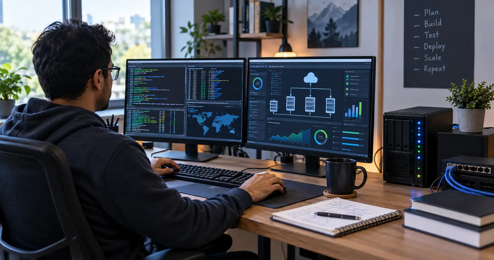 Developer working with server dashboards and technical tools in a VPS hosting workspace