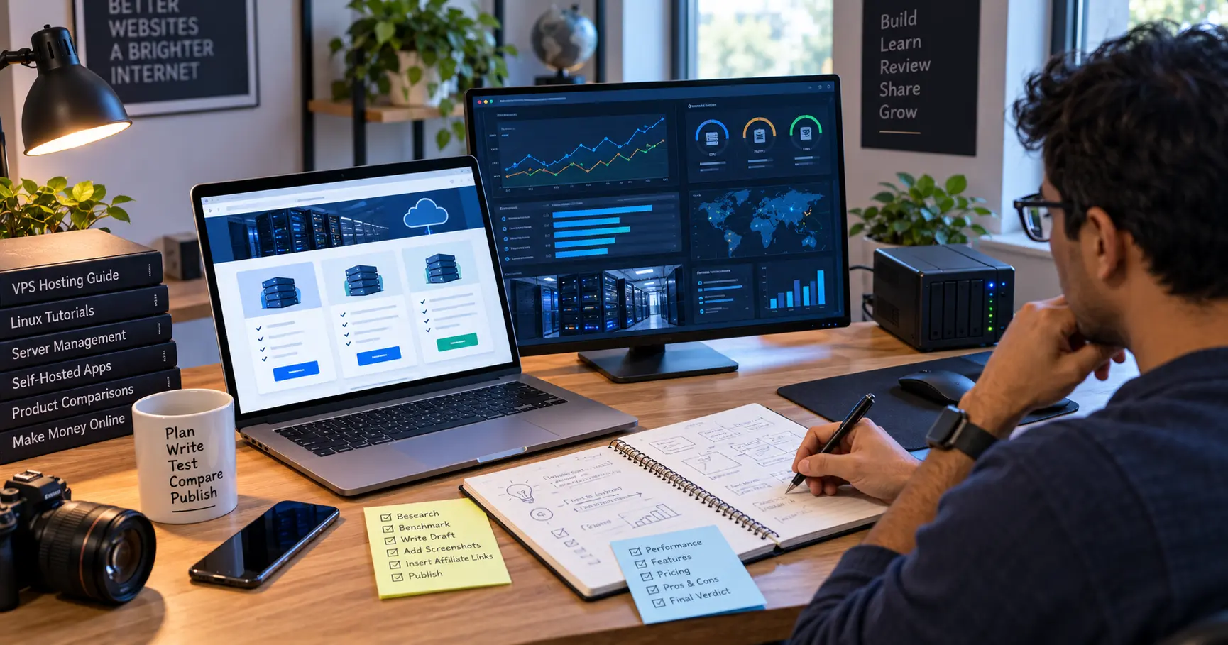 Technology blogger preparing a VPS hosting comparison and server tutorial for affiliate content