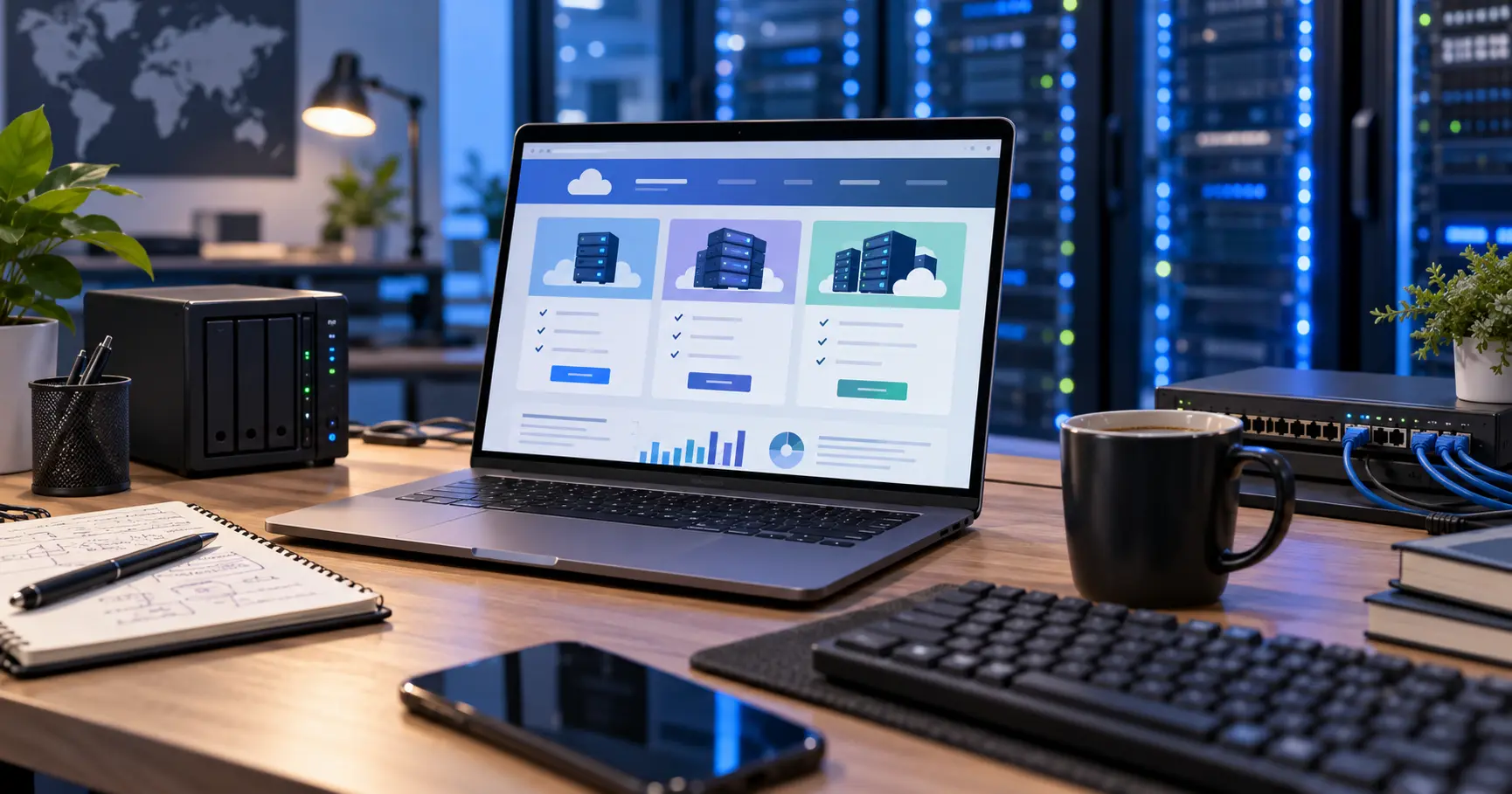 Workstation with a laptop, server equipment, and hosting analytics representing VPS hosting affiliate marketing