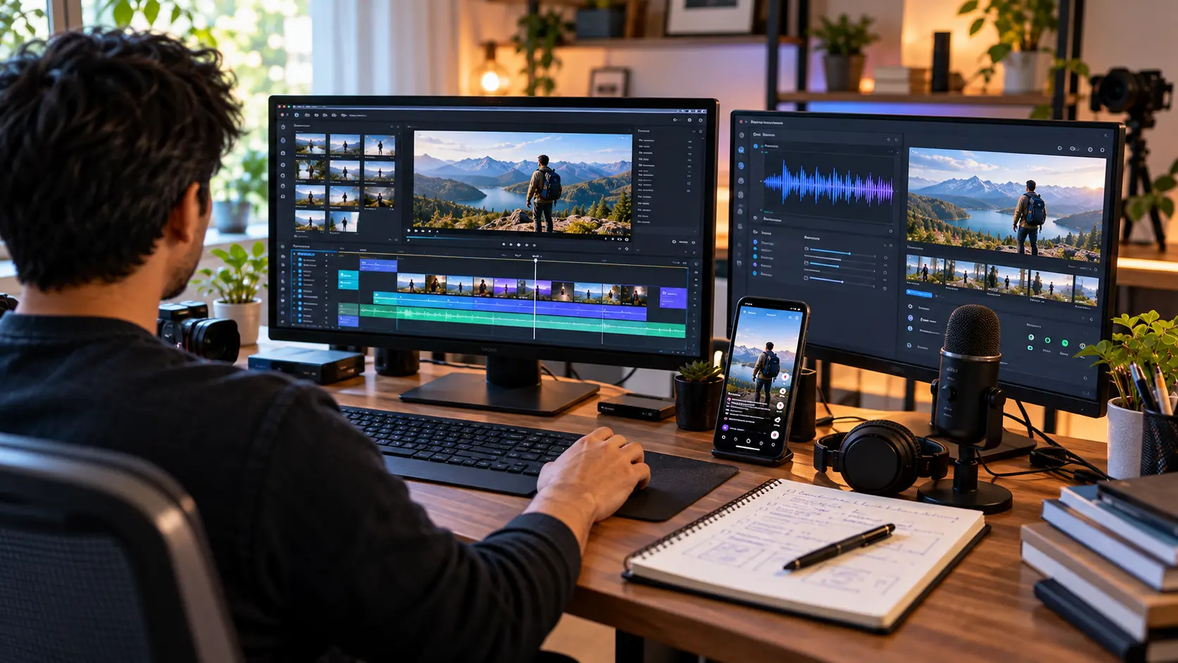 Faceless YouTube video production setup with AI video editing